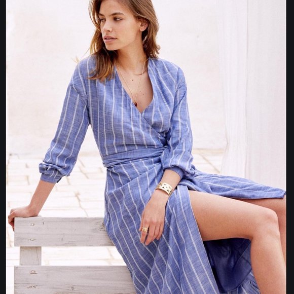 Sezane Dresses & Skirts - NWT Sezane Wrap Dress 38 Blue & White Stripes